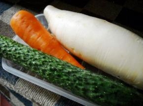 准备好白萝卜、胡萝卜、黄瓜、红辣椒。