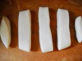 揉匀后，擀成稍厚的面片，切成宽条状。