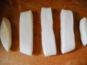 揉匀后，擀成稍厚的面片，切成宽条状。