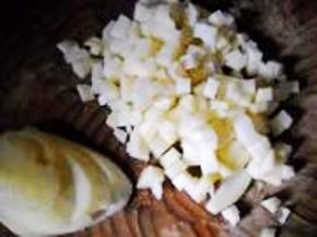 洋葱、青椒洗净，切小粒。