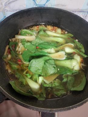 放入小青菜煮熟！(配菜可以换成自己喜欢吃的其他蔬菜，比如黄豆芽，金针菇，黄瓜，莴笋，千张………我家冰箱只有小青菜了，又不想下楼买！)