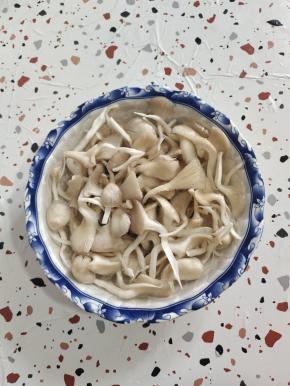 蘑菇去掉根部黑色部分，撕成小朵，放入一勺盐抓拌均匀，放在清水中浸泡十分钟！