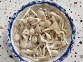 蘑菇去掉根部黑色部分，撕成小朵，放入一勺盐抓拌均匀，放在清水中浸泡十分钟！