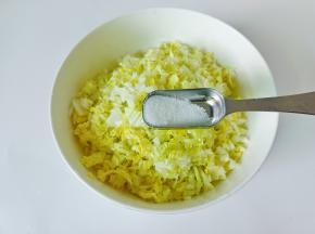 白菜加半勺细盐拌均匀，过五分钟后挤去水分。