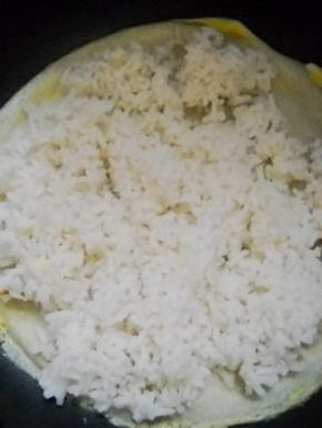 倒入剩饭，摊开均匀铺满在面皮上，压实。