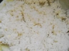 倒入剩饭，摊开均匀铺满在面皮上，压实。