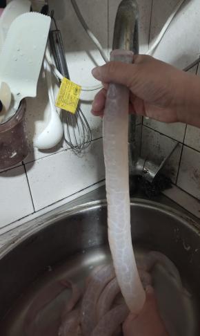 把猪小肠套在水龙头上，反复冲洗干净！