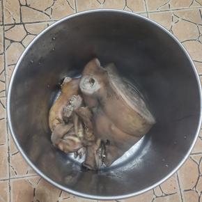 把处理干净的猪头，猪蹄，猪耳朵一起放进钢筋锅里！