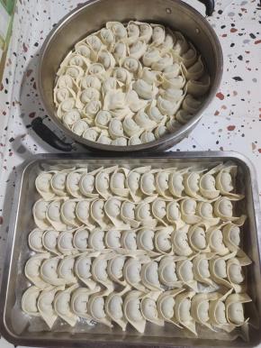 我家人口多，包了两大盘饺子！