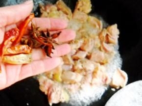 加入八角、干红椒，翻炒出香味。