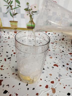 倒入30毫升果蜜！(这个果蜜是柠檬水好喝的关键不能少哦。如果家里确实没有果蜜也可以用蜂蜜来代替！)