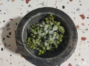 兑窝里放入少许新鲜的花椒，再放入一勺盐！(这样很容易把新鲜花椒捣碎，还不会蹦的到处都是！)
