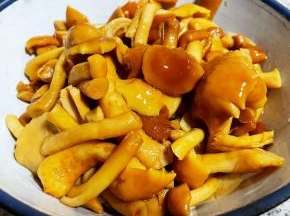 滑子蘑清洗干净，放入开水中焯水煮沸后，立即放入冷水中过凉，再细干净沥干水分。